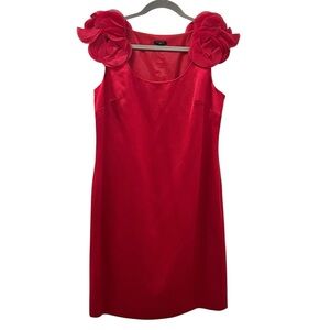 Ann Taylor Red Rosette Shoulder Dress 8P Petite Silk Wool Blend Holiday Party